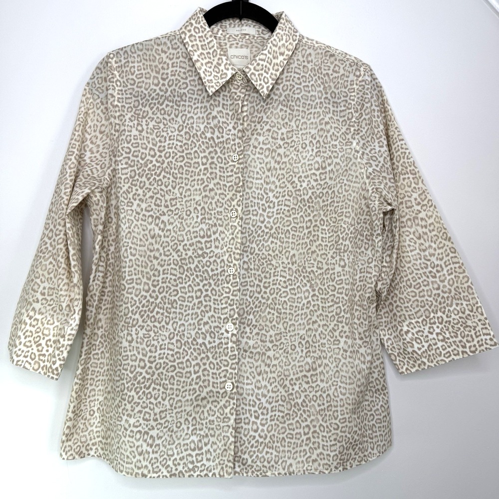 Chico's Leopard Print Shirt Size 1 Large No Iron 3/4 Sleeve Button Up Top